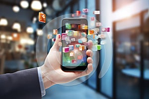 Close up of male hand holding smartphone with colorful application icons. Mixed media, A businessman holding 3D rendering mobile