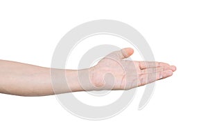 Close-up of male hand open palm up, isolated on white background
