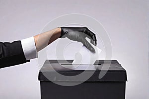 Close-up male hand putting voting card into ballot box, Presidential election. Ballot box on