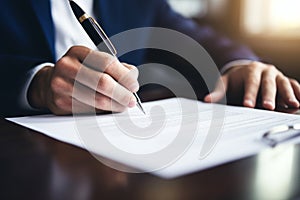 Close up male hands in formal business suit in office at table Caucasian European American businessman man entrepreneur