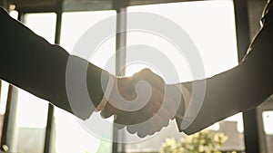 Close up male hands handshaking in sunny office. Multiethnic Caucasian and African business people diverse men