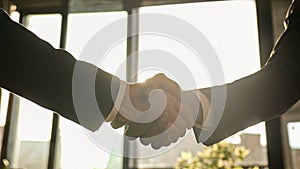 Close up male hands handshaking in sunny office. Multiethnic Caucasian and African business people diverse men