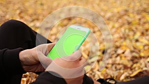 Close up male hands are holding smartphone with green screen on a background of autumn leaves, press browsing chroma key