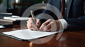 Close-up of male hands with pen over document