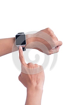 Close up of a male hands using a modern smart watch.