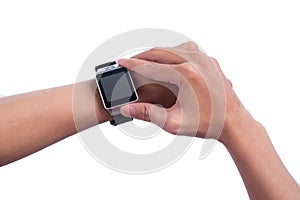 Close up of a male hands using a modern smart watch.