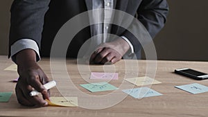 Close-up male hands write plans ideas on paper stickers, unrecognizable busy african business man afro boss writing