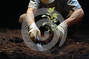 Close-up male man farmer worker gloved hands planting seeds touching soil ground gardening growth green vegetable tree