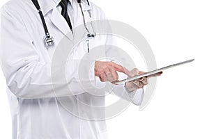 Close up male medical doctor using digital tablet pc.
