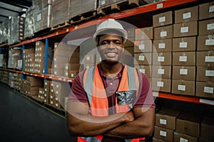 Close-up of male worker cross-armed smiling while standing next to parcels in factory shop