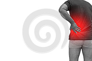 Close up a man back pain, kidney inflammation, ache in man`s body, painful area highlighted in red, on white background,Medical