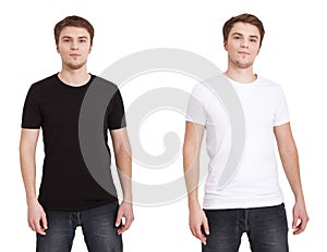 Close up of man in blank black and white t-shirt isolated on white. Mock up