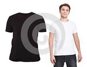 Close up of man in blank black and white t-shirt isolated on white. Mock up and copy space. Front and Back view Shirt.