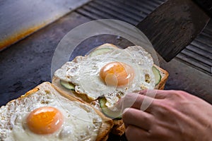 Close-up of man chef cook two fresh crispy sandwich