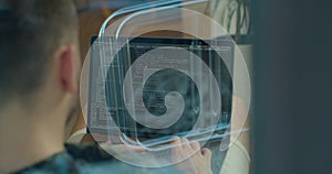 Close up Man coding html and programming on screen Monitors, development web, developer.