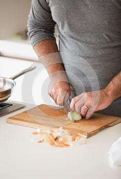 Close up of man cutting onion on wooden board