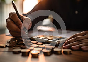 Close up man doing finance at home office, using calculator to calculate expenses on notebook, AI Generated