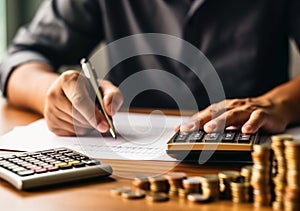 Close up man doing finance at home office, using calculator to calculate expenses on notebook, AI Generated