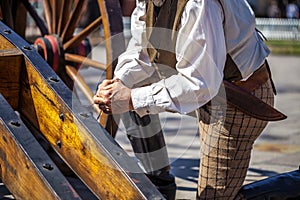 Close up of man dressed up as 19th century soldier for the anniversary of the Battle of the Alamo