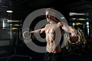 Close up of man with dumbbells exercising in gym