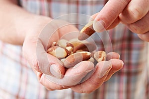 Close Up Of Man Eating Healthy Snack Of Brazil Nuts photo