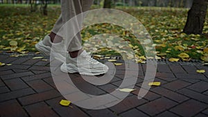 Close up man feet relaxing in city park. Male legs walking on wet path