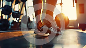 Close-up of man feet on a treadmill running at the gym