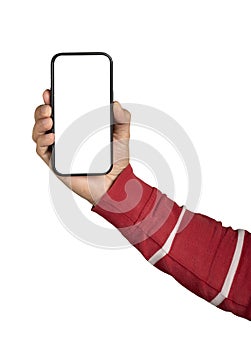 Close up of man hand holding modern smart phone mockup.