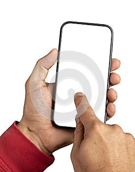 Close up of man hand holding modern smart phone mockup.