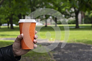 Close up of man hand holding a paper orange cup of coffee in park