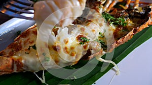 Close-Up of Man Hand Taking by Fork Grilled Lobster Meal with Herbs