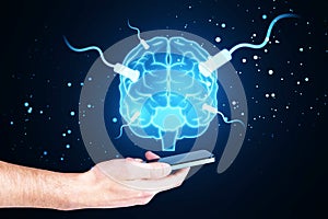 Close up of man hand using tablet with glowing connected brain hologram on blurry background. AI, mind and neurology concept