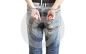 Close up of man in handcuffs arrested isolated on white