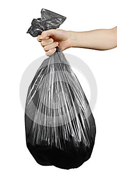 Close up man hands holding black garbage bag. Isolated on white