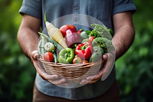 Close-up man holding basket of fresh organic vegetables. Generative AI