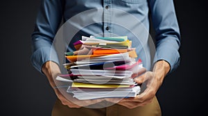 Close-up of a man holding a large stack of documents. AI generated