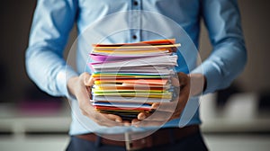 Close-up of a man holding a large stack of documents. AI generated