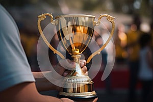 A close-up of A man holding up a gold trophy cup as a winner in a competition AI generated