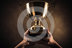 A close-up of A man holding up a gold trophy cup as a winner in a competition AI generated
