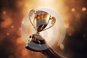 A close-up of A man holding up a gold trophy cup as a winner in a competition AI generated