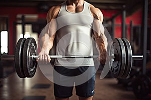 Close-up of a man lifting a barbell in a gym, Weightlifter man practicing with barbells at the gym, top section cropped, no face