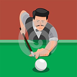 Close up man with mustache shooting pool ball, illustration of billiard game in cartoon flat illustration editable vector