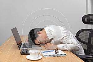 Man with narcolepsy is fall asleep on office desk.Narcolepsy is a sleep disorder that makes people very drowsy during the day photo