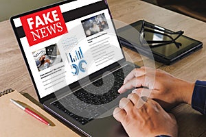 Close up of man reading fake news on smartphone screen application media technology  on website  Fake Newspaper