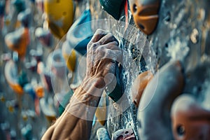 Close up of man\'s hand with chalk grabbing grip on artificial rock wall