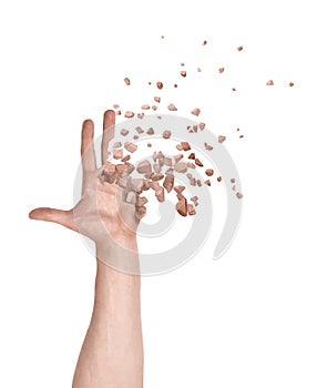 Close-up of man`s hand with fingers and palm starting to dissolve into pieces isolated on white background.