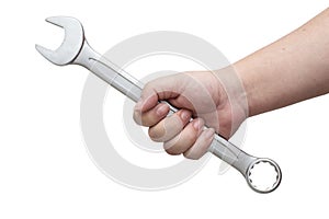 Close up of man`s hand holding wrench with copy space, isolated on white background