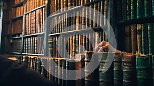 Close-up of a man\'s hand picking up a book from a shelf in a library. photo