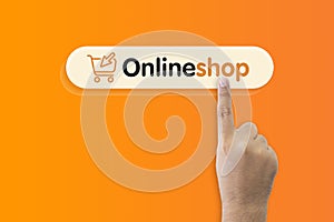 Close-up man\'s hand uses his finger to press buttons online shopping offers, isolated on orange background.