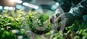 Close-up of a man's hands in green protective gloves planting plants in a greenhouse, against a blurred background